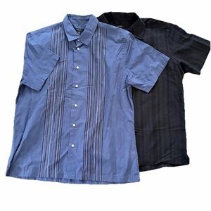 Van Heusen Shirt 2 Mens L Navy/Black Never Tuck Striped Fit Print Short Sleeve